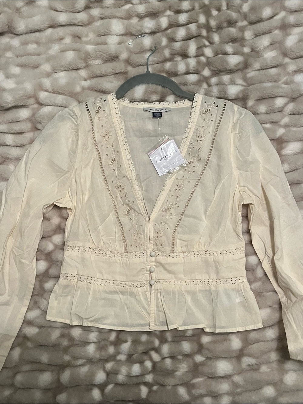American Eagle Cream Embroidered Peplum Button-Front Top